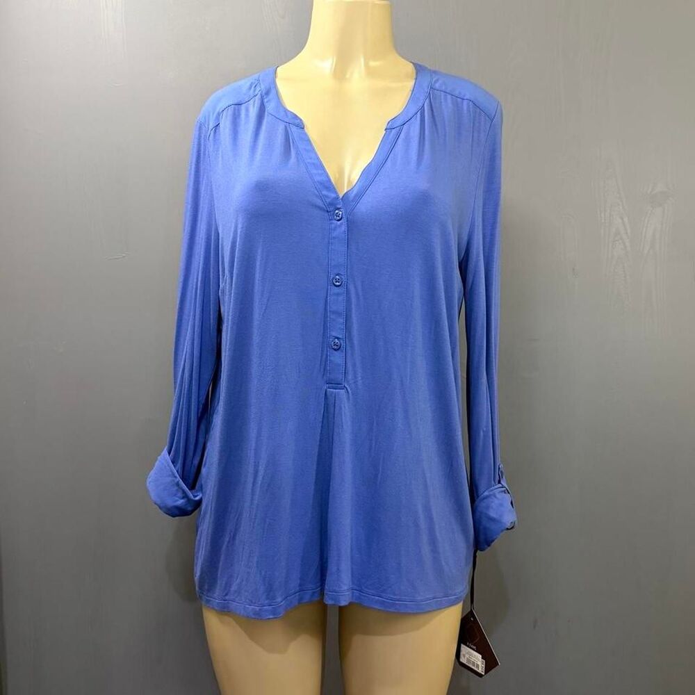 NWT Ava & Viv Henley Blouse Blue Roll Tab V-Neck Top 1X